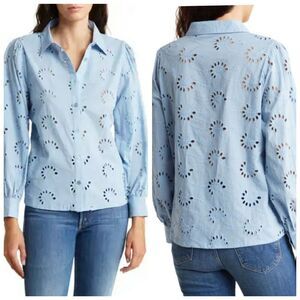 Anthropologie Liv Los Angeles High Neck Top White Medium Ballon Sleeve Eyelet